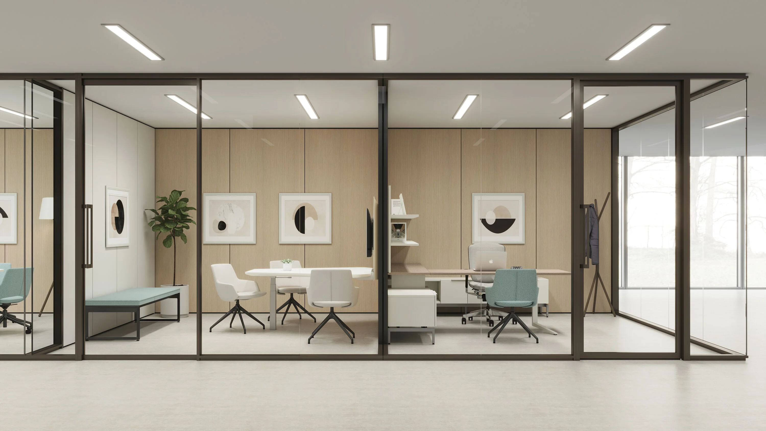 Glass-front offices with coordinated doors, frames, and enclosed meeting rooms.